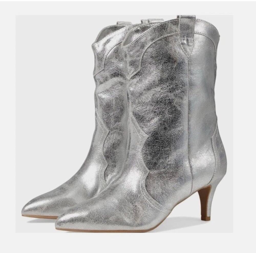 Dolce Vita Andres Western Heeled Mid Boots Metallic Silver Sz 8 NWOB Kitten Heel